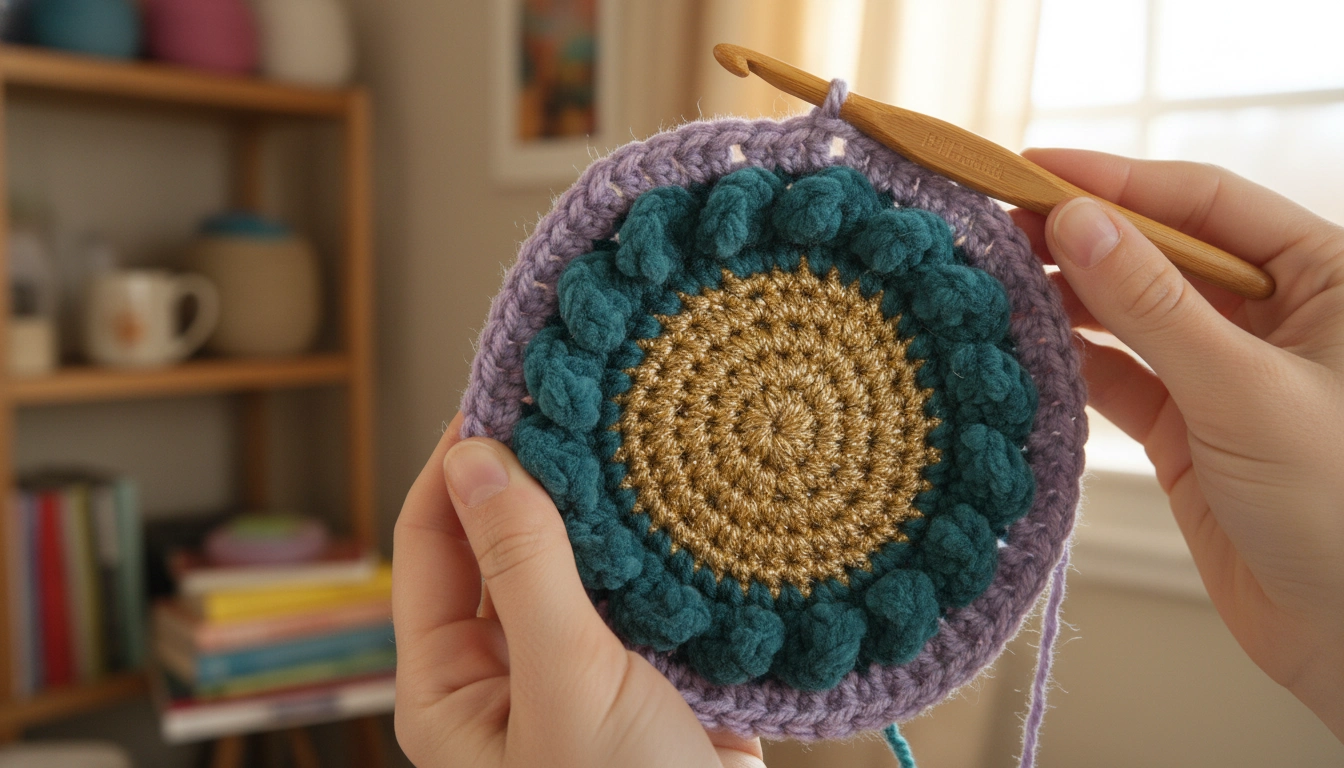 A close-up of a partially completed crochet geode motif showing the metallic center.