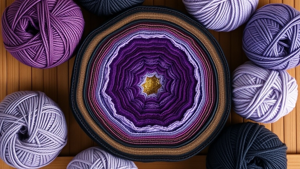 A palette of yarn colors arranged to mimic a sliced natural geode stone.