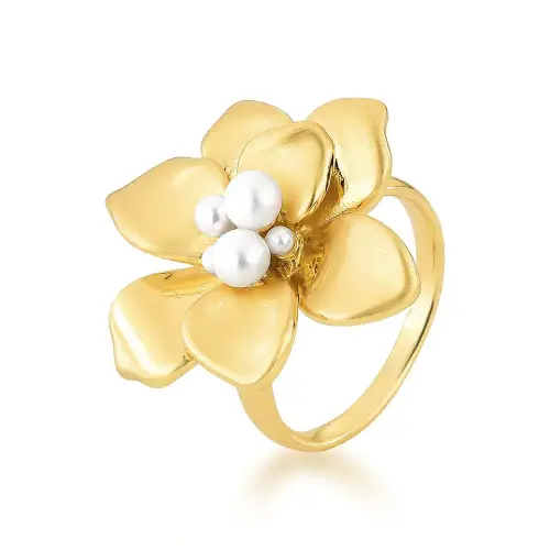 Anel dourado fosco com perolas brancas flower pearl AN03060001DF.webp