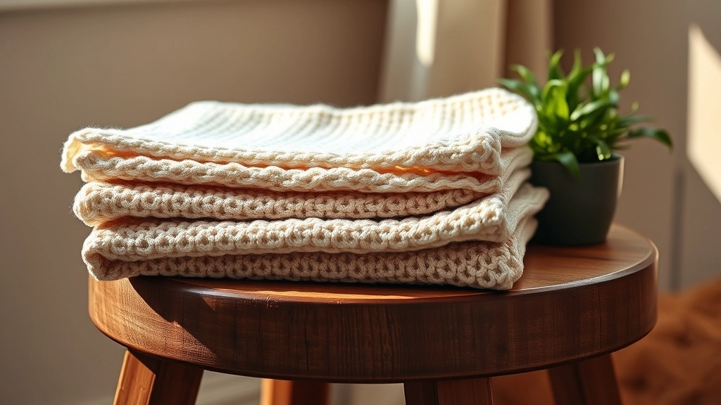 A neat stack of folded handmade crochet garments, including the cream mesh pants, resting on a rustic wooden stool.