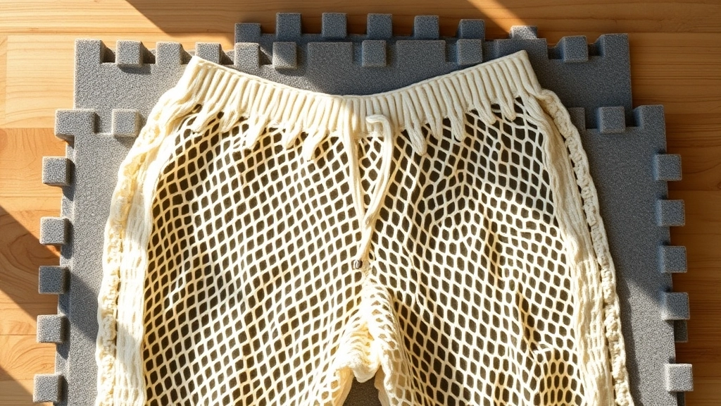 Crochet mesh pants pinned flat onto interlocking foam blocking mats to set their shape and open up the stitches.