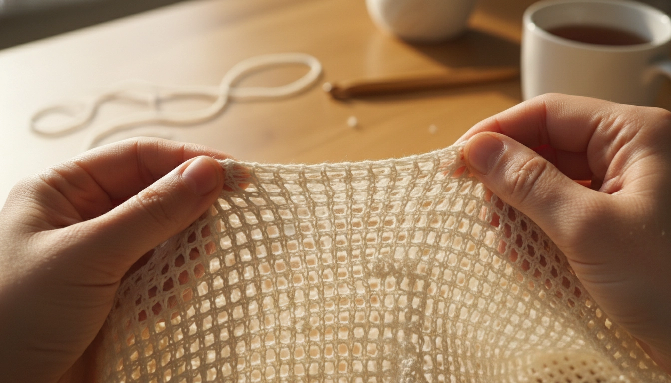 A close-up view of a hand stretching a cream-colored crochet mesh fabric to demonstrate its elasticity and stitch structure.
