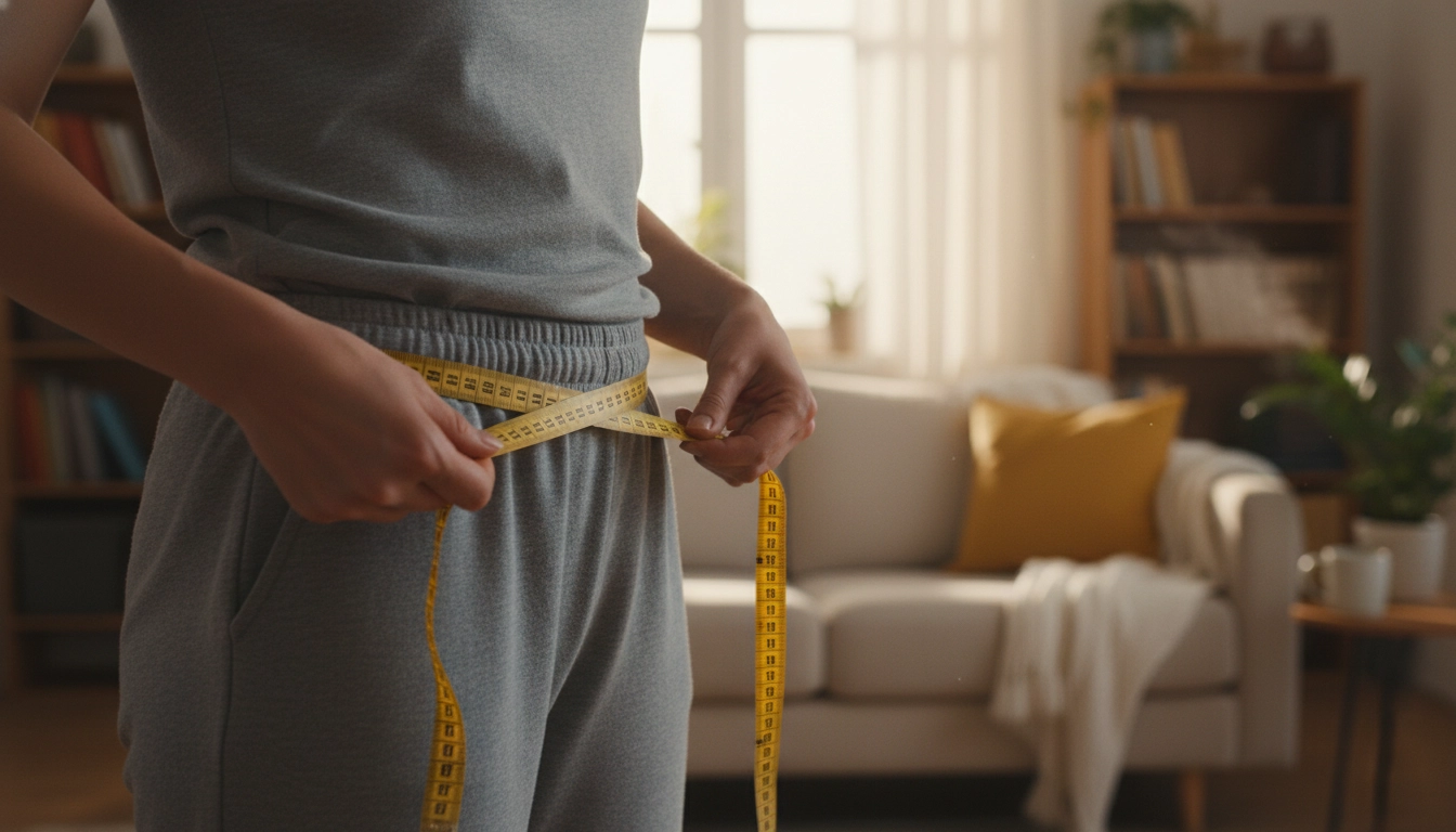 A person measuring their hips with a soft, flexible measuring tape to determine the correct size for crochet trousers.