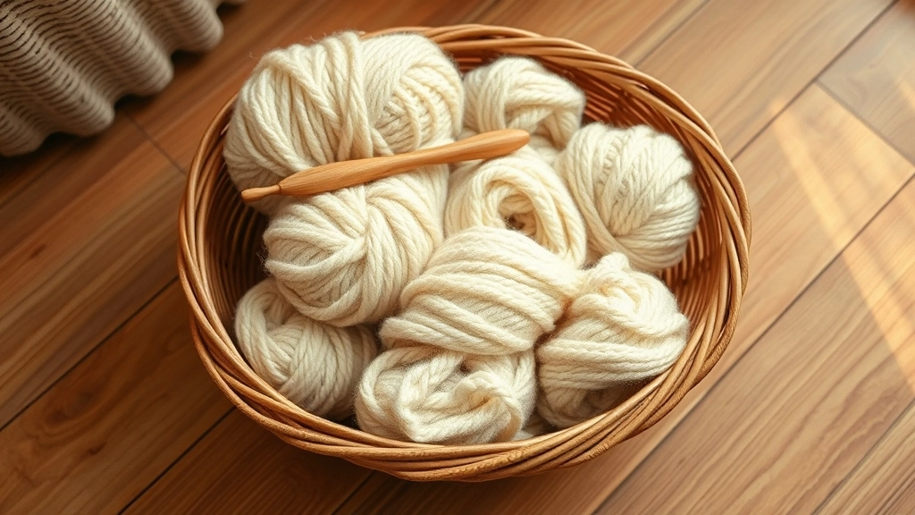 Skeins of high-quality organic cotton and natural wool yarn in cream and beige tones resting in a wicker basket.