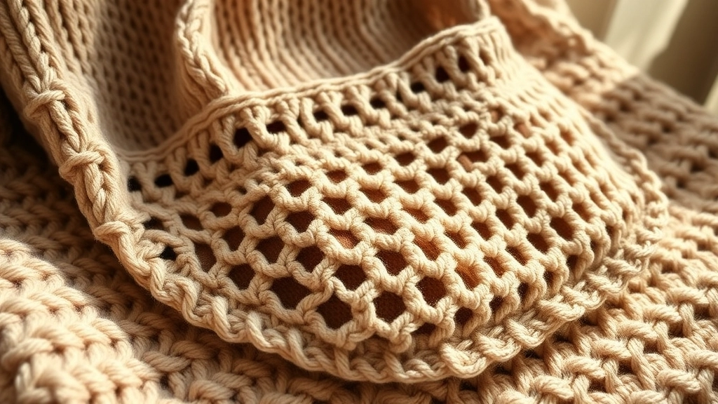 A close-up of a partially completed crochet waistband transitioning into a wider open-mesh grid pattern.