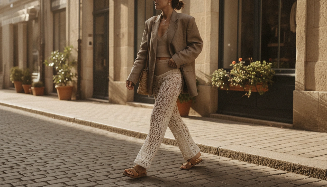 A chic street-style outfit featuring cream crochet pants worn over high-waisted briefs, paired with an oversized blazer.