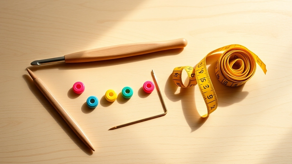 A flat lay of essential crochet tools including a wooden hook, colorful locking stitch markers, a tape measure, and a tapestry needle.