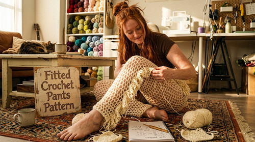A flat lay of cream-colored trousers made from a fitted crochet pants pattern, resting on a wooden floor with yarn skeins and a hook.
