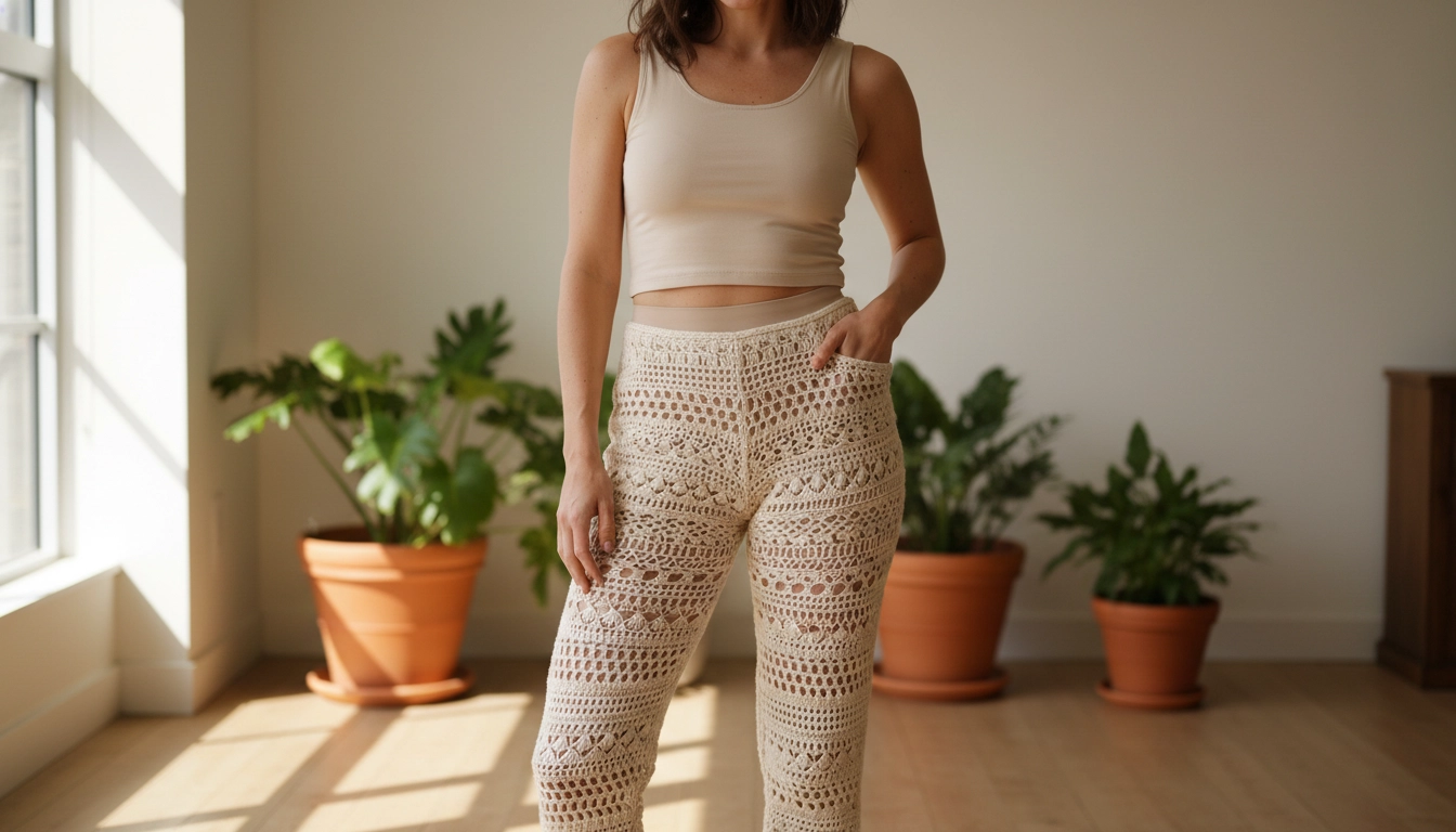 A woman wearing custom-fit cream crochet pants, smiling confidently in a warm room.