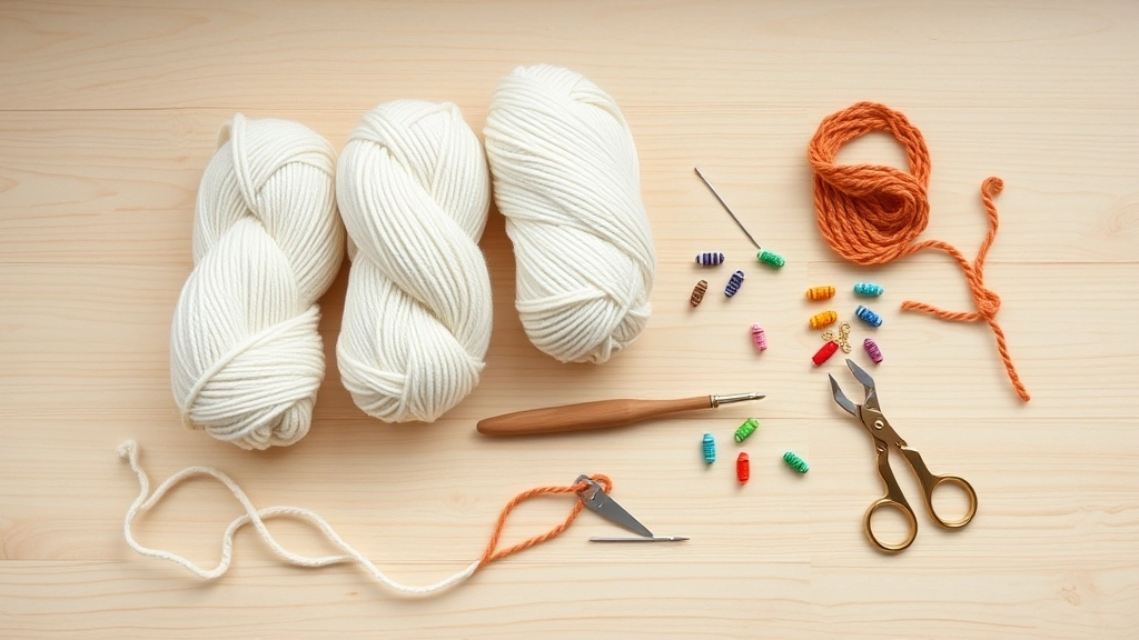 Skeins of organic cotton yarn, a wooden crochet hook, stitch markers, and a tapestry needle on a craft table.
