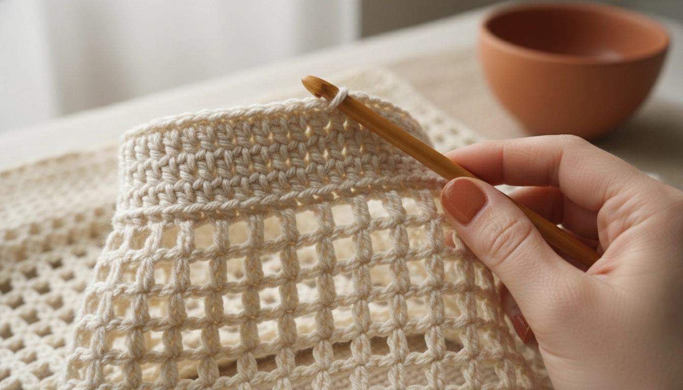 Close-up of a ribbed waistband transitioning into a grid-like mesh stitch of a fitted crochet pants pattern.
