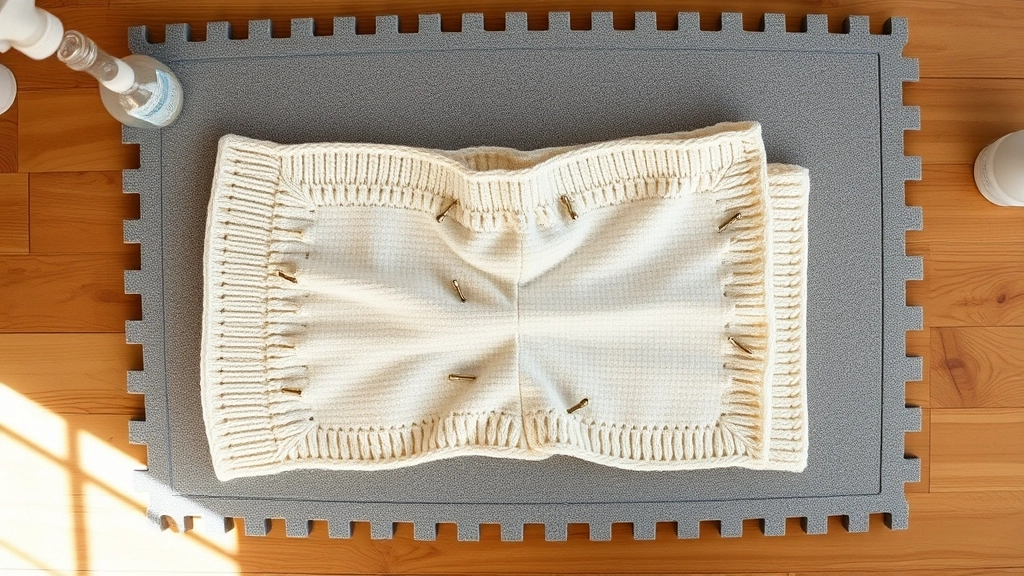 Crochet pants pinned flat to foam blocking mats to dry and set their shape.