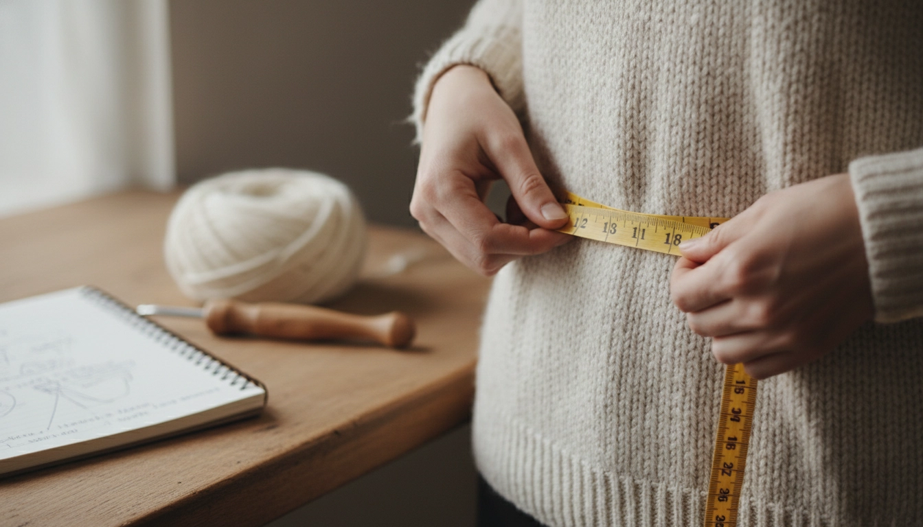 A person using a yellow soft tape measure around their waist to prepare for a fitted crochet pants pattern.