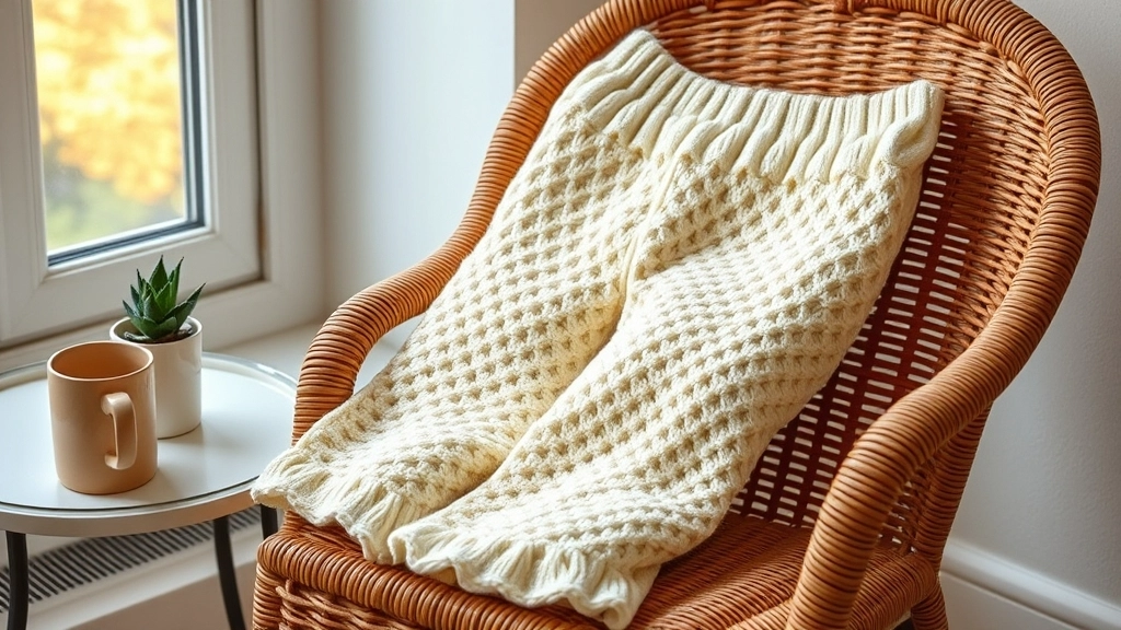 A completed pair of cream fitted crochet pants folded neatly on a woven chair.