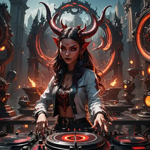 beautiful devil girl dj mixing turn tables.webp