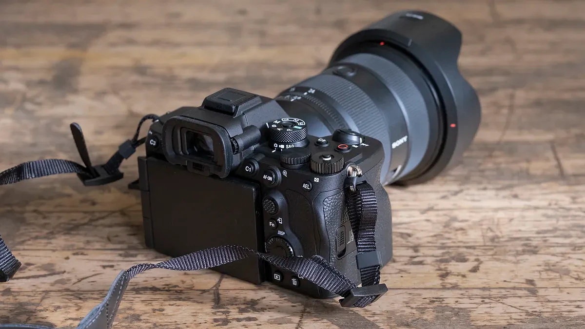 The Sony A7R V camera sitting on a wooden floor