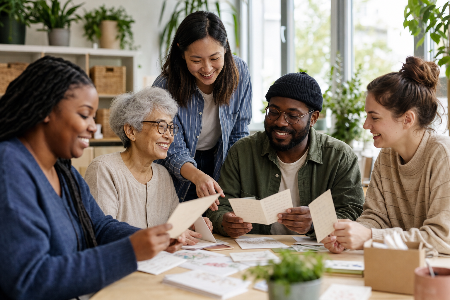 Nonprofit team reviewing donor thank-you cards together