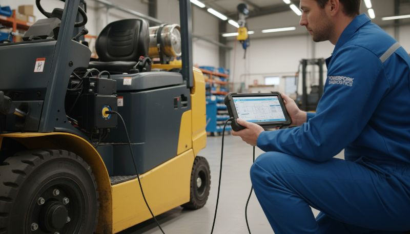 A professional technician in a clean workshop environment, connecting a handheld diagnostic device to the port of a forklift's controller, with data displayed on the screen.