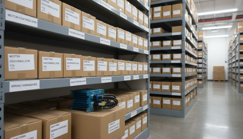 A well-organized warehouse shelf showcasing various forklift electrical parts in labeled boxes. A forklift controller unit is prominently displayed in the foreground, highlighting its importance as a key component.