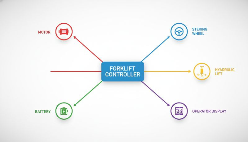 An infographic-style diagram showing a forklift controller at the center, with lines connecting it to icons representing the motor, battery, steering wheel, hydraulic lift, and operator display.