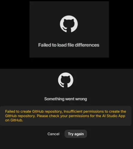 Google AI Studio showing 'Failed to Load File Differences' GitHub error