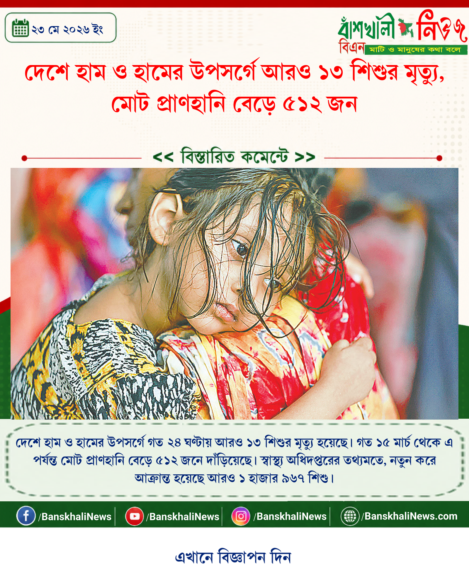 দেশে হাম ও হামের উপসর্গে আরও ১৩ শিশুর মৃত্যু, মোট প্রাণহানি বেড়ে ৫১২ জন