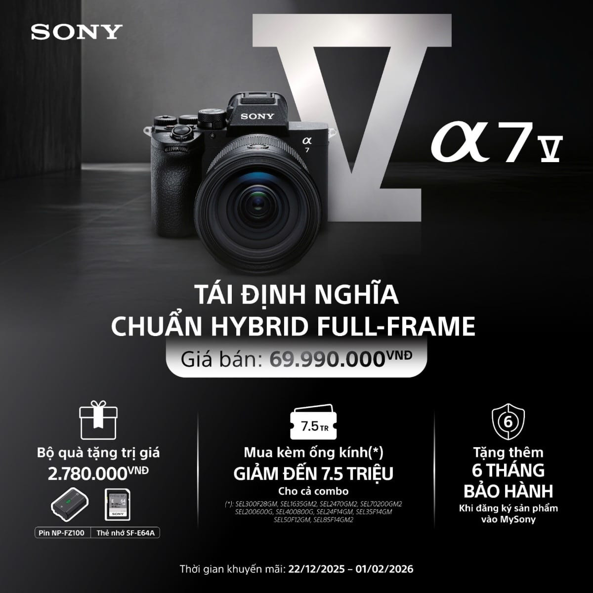 Hệ thống Sony A7V đầy đủ phụ kiện quay phim chuyên nghiệp bao gồm cage, màn hình rời và microphone.