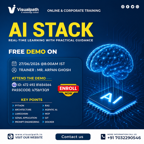 🤖 Complete AI Stack Training – Attend our FREE Live Demo on 27/06/2026 at 08:00 AM IST. Perfect for students, working professionals, and AI enthusiasts looking to build real-world AI skills. 
🔗 Join the Demo Session: https://bit.ly/4eEXb2P
💻 Meeting ID: 472 492 81654564 | 🔑 Passcode: k75bY3Q9
📅 Demo Date: 27/06/2026
⏰ Time: 08:00 AM IST
👨‍🏫 Trainer: Mr. Arpan Ghosh 
📚 Key Modules:
Python | RAG | LangChain | Agentic AI | MCP | Docker | Git | Prompt Engineering
🌍 Corporate & Globally Training Available
📞 Call/WhatsApp: +91 7032290546
🌐 Website: https://visualpath.in/aistack-online-training.html
📲 WhatsApp: https://wa.me/c/917032290546