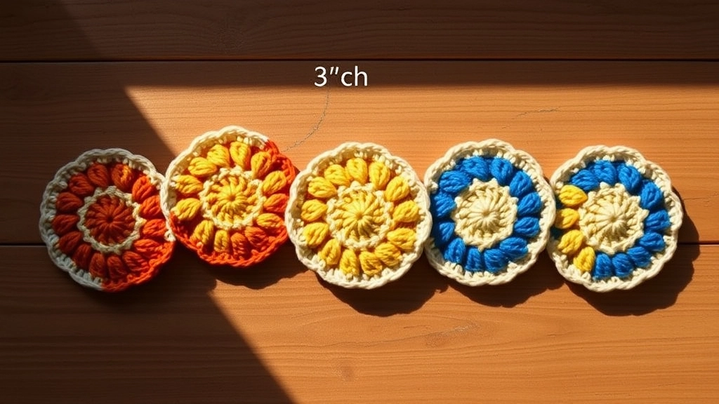 A collection of completed three-inch crochet daisy circles showing tight puff stitch details.