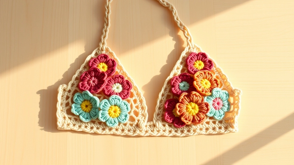 A partially constructed crochet halter bralette made of joined floral motifs with a beige border.