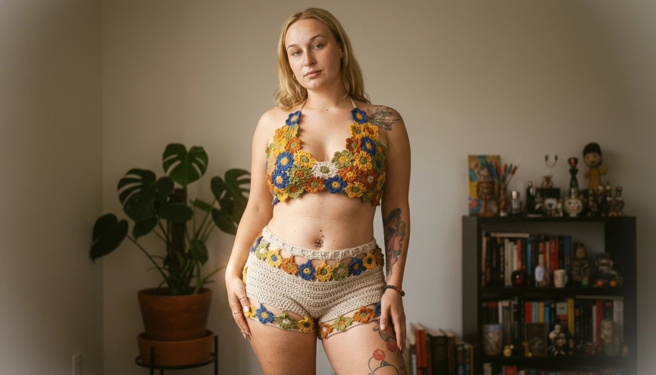 Boho Floral Crochet Two-Piece: Halter Bralette and High-Cut Shorts with Flower Motif Trim