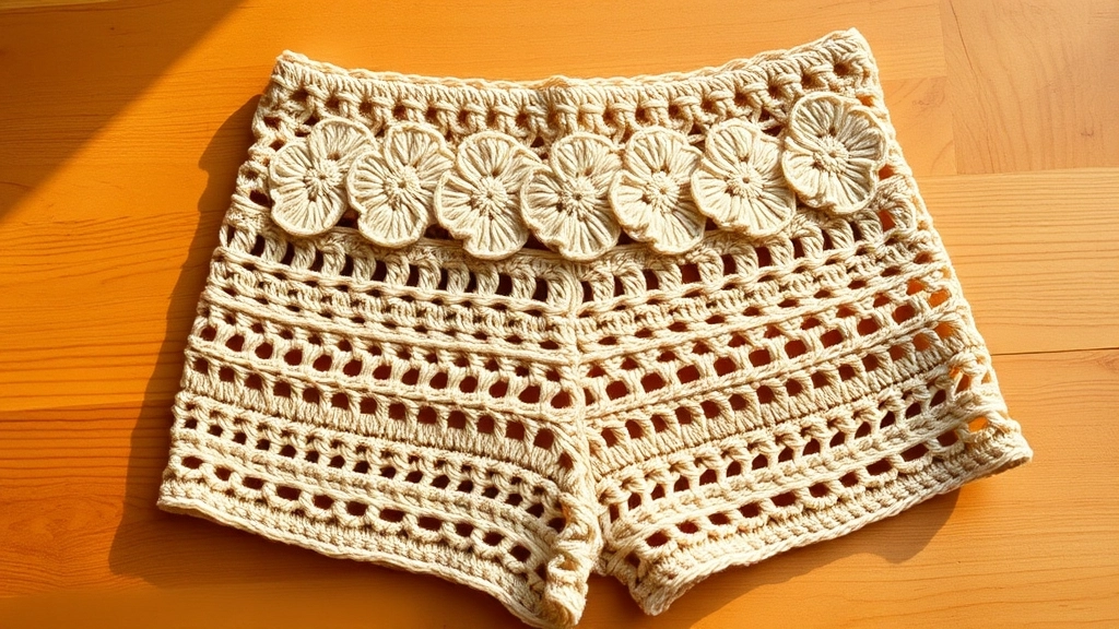 The waistband of crochet shorts showing the transition from floral motifs to a beige chain mesh.