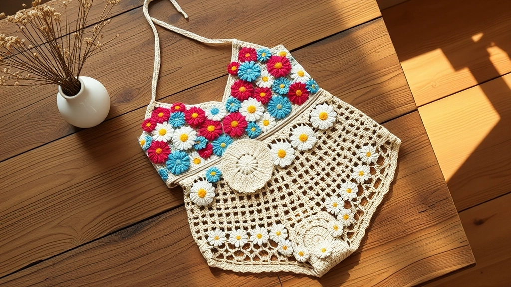 A completed handmade boho floral crochet two-piece set neatly folded on a rustic wooden table.