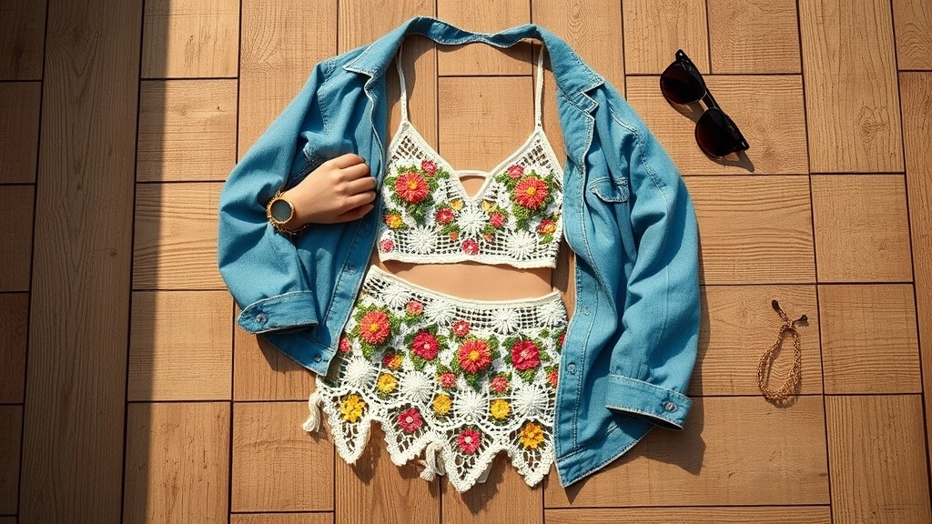 A styled outfit featuring the crochet two-piece set layered with a vintage denim jacket and chunky brass rings.