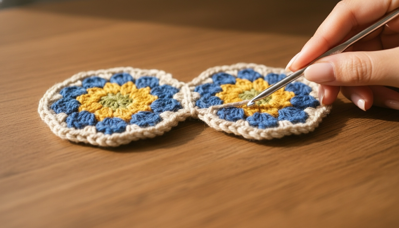 A close-up of crochet daisy motifs being joined using a flat slip stitch join-as-you-go technique.