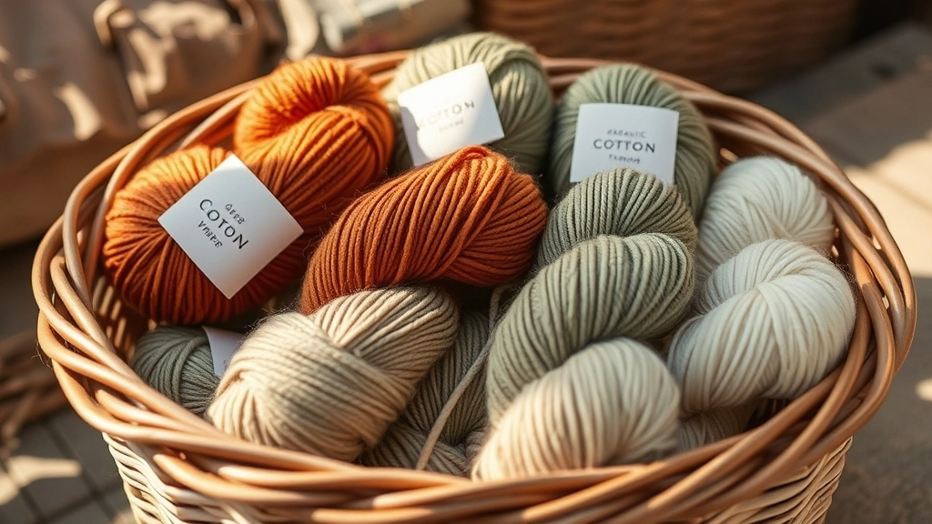 Skeins of organic cotton yarn in terracotta, sage green, and cream colors.
