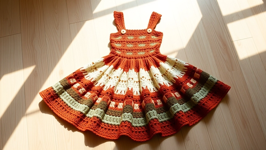 A crochet mini dress laid out on a rustic surface, showing the fitted bodice and flared skirt silhouette.
