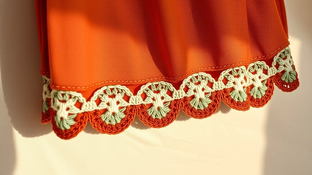 Close-up of a scalloped shell-stitch border crocheted in terracotta yarn along the hem of a skirt.