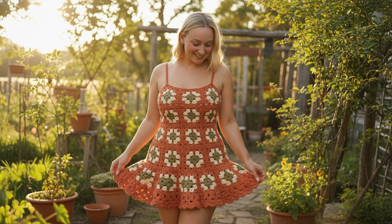A person wearing the completed terracotta, sage green, and cream granny square mini dress in a sunlit outdoor garden.