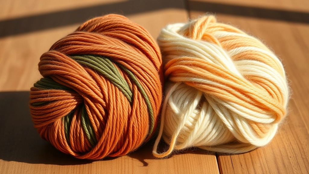 A comparison of a high-quality organic cotton yarn skein next to a fuzzy synthetic acrylic yarn skein.