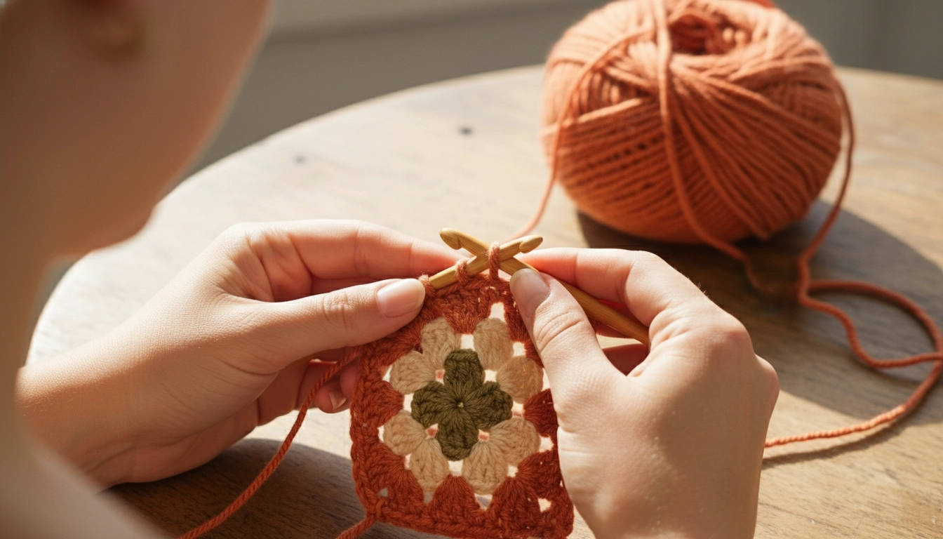 Hands using a crochet hook to work a terracotta border onto a cream and sage green granny square.