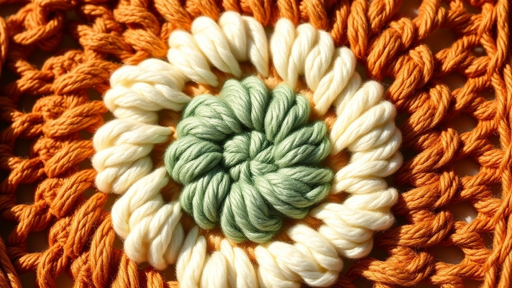 Close-up of a single crochet granny square showing a sage green center, cream puff stitch petals, and a terracotta border.