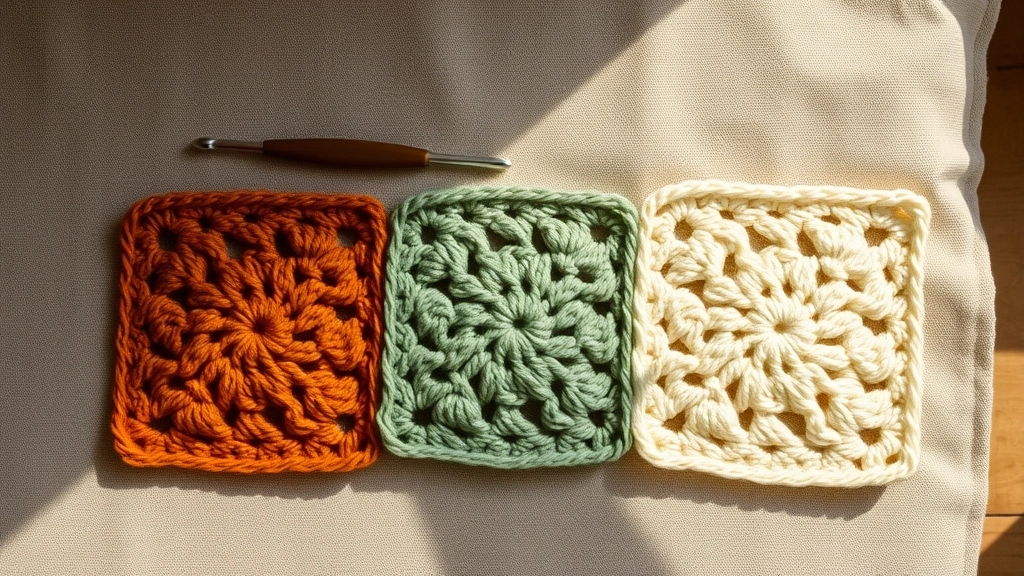 Three crochet granny squares of slightly different sizes laid side-by-side to show scaling.