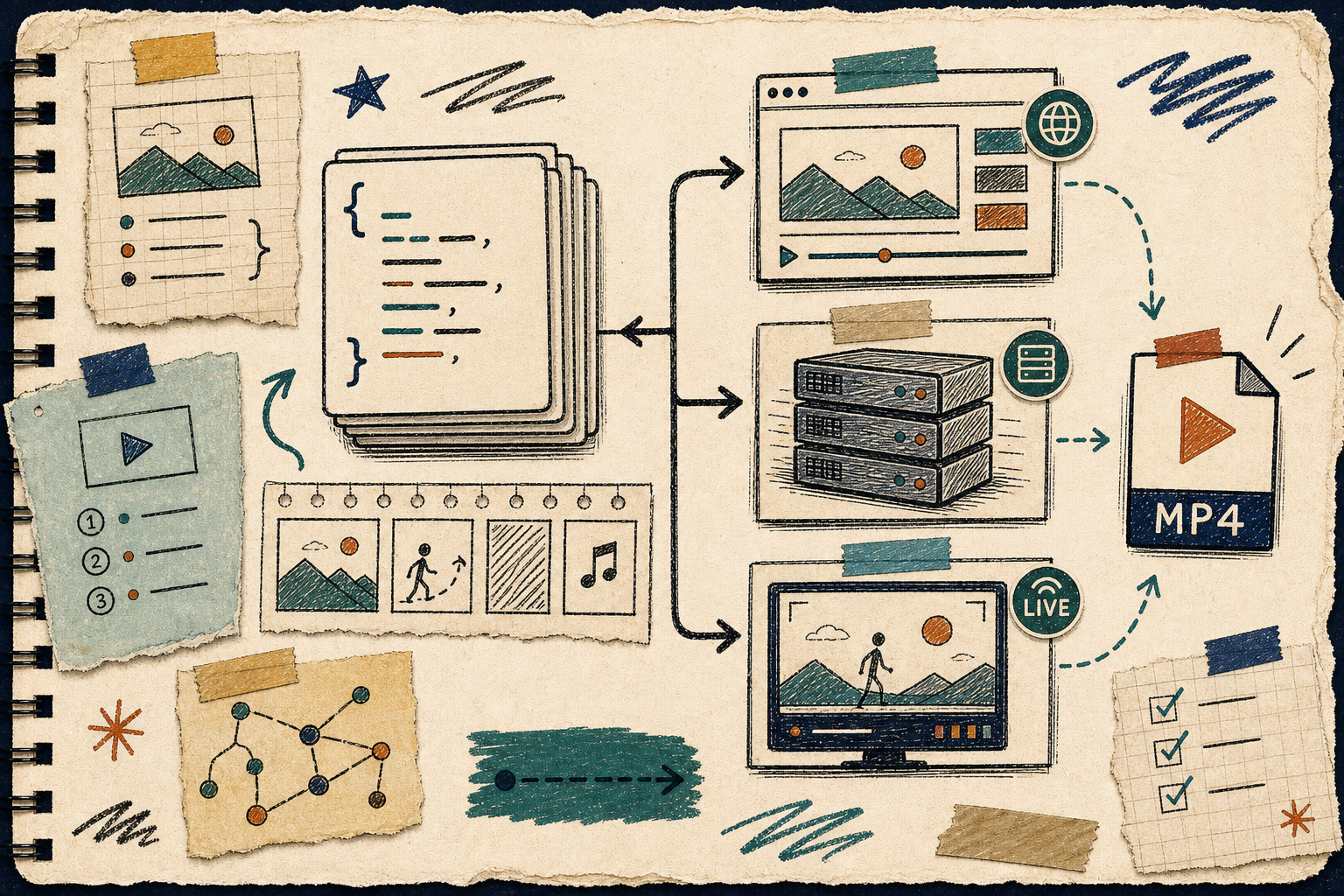 Hand-drawn diagram of one JSON source feeding browser, server, and live preview renders