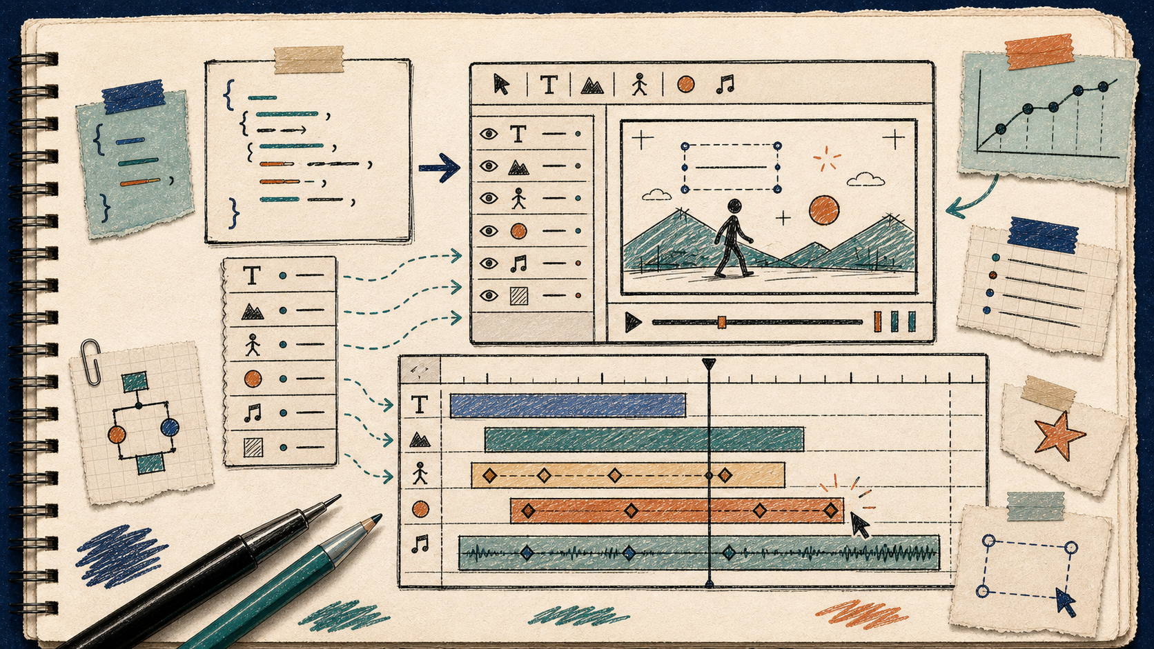 Hand-drawn notebook editor with layers, keyframes, and a timeline