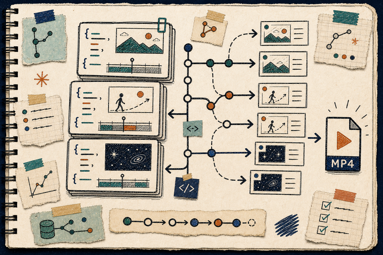 Hand-drawn versioned video template cards flowing toward an MP4 export