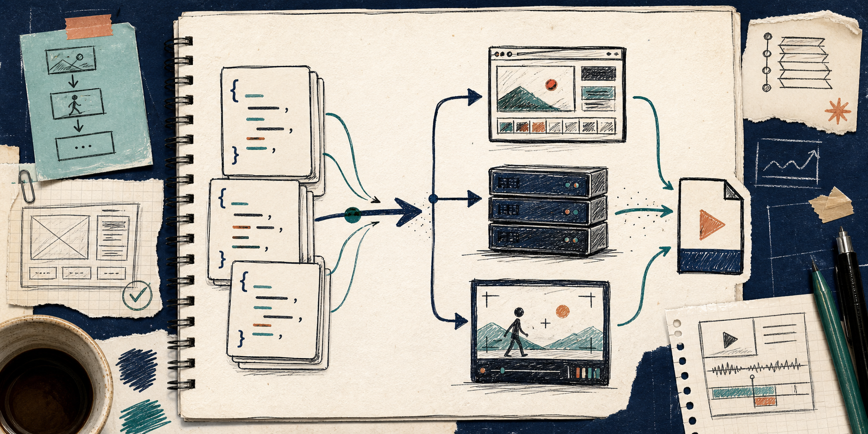 Hand-drawn banner showing JSON flowing into browser, server, and preview renders