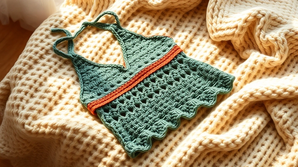 A completed handmade cotton halter top resting on a cozy woven blanket.