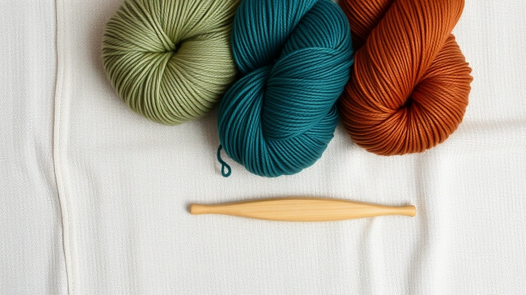 Skeins of matte organic cotton yarn in sage green, deep teal, and terracotta on a linen cloth.