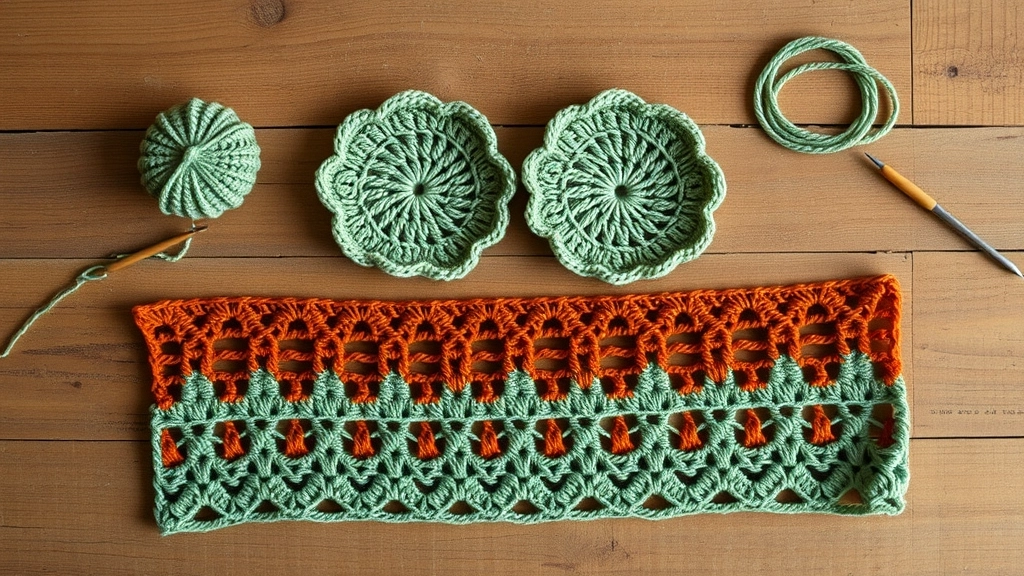 Two finished crocheted cups and a diamond lattice band laid out on a table for assembly.